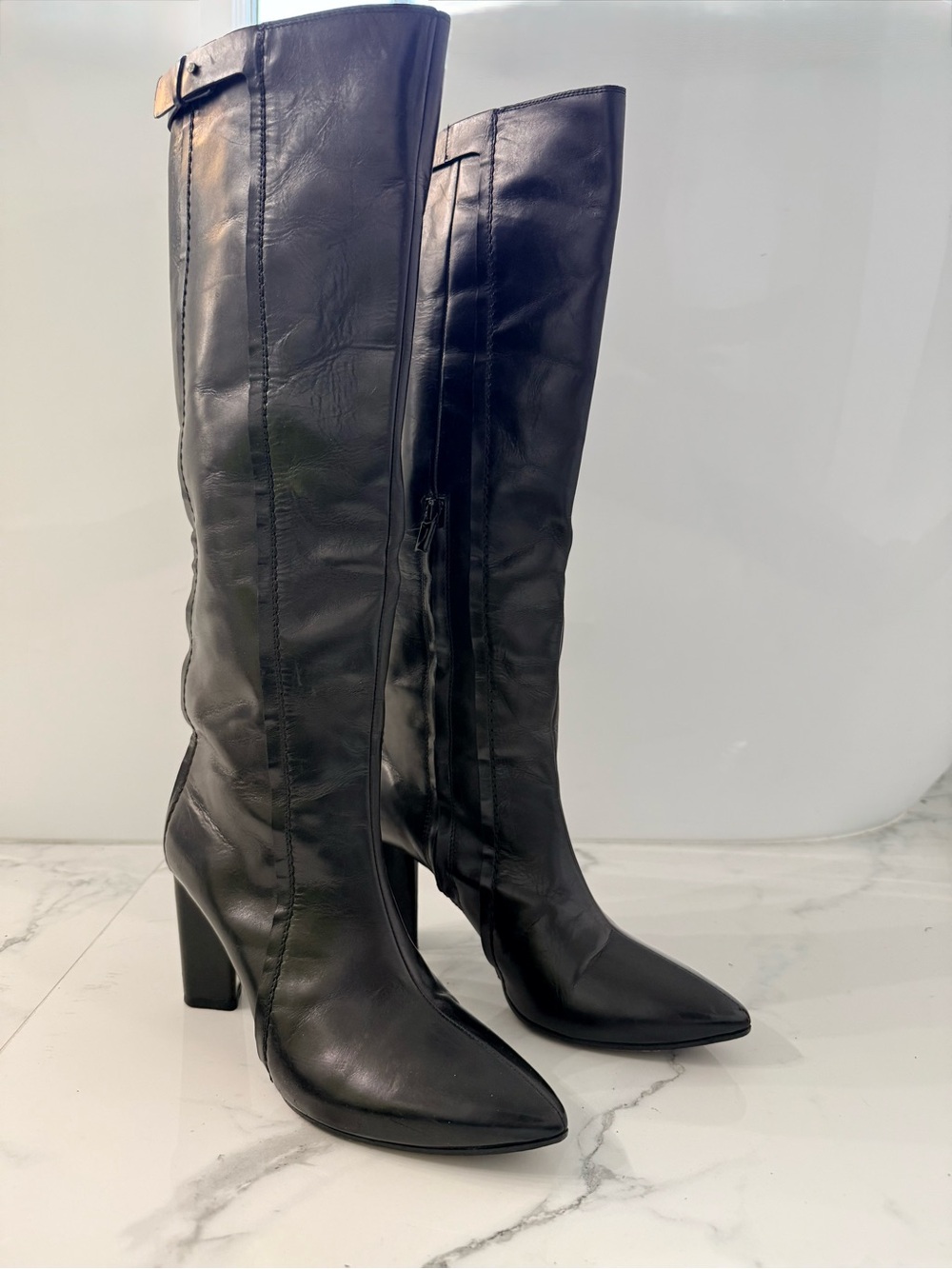 Costume National Black Leather Knee High Boots Architectural Heel 38.5